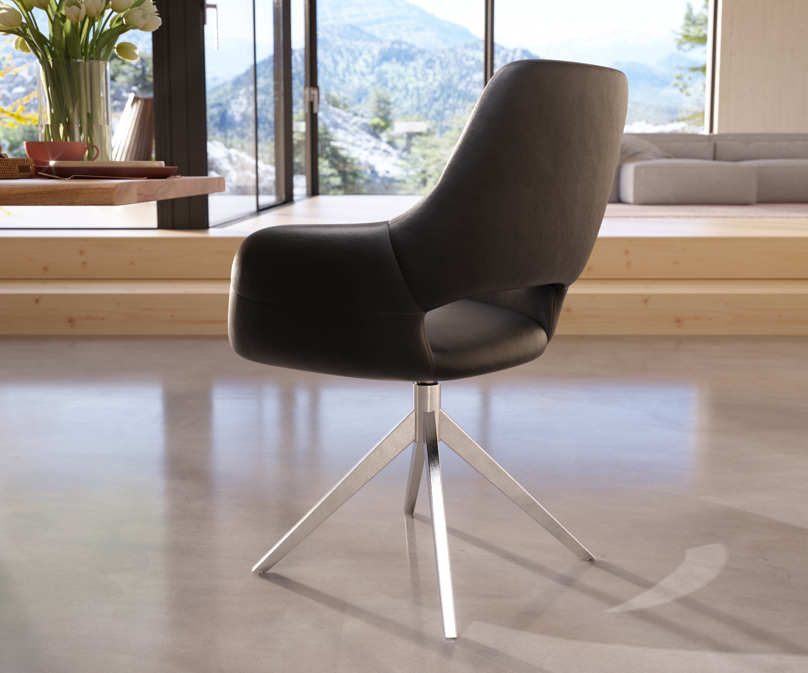 Chaise-de-salle-à-manger Yago-Flex avec accoudoirs cuir de vache noir pied croisé large acier inoxydable brossé ressorts ensachés 4 Chaise-de-salle-à-manger Yago-Flex avec accoudoirs cuir de vache noir pied croisé large acier inoxydable brossé ressorts ensachés 4