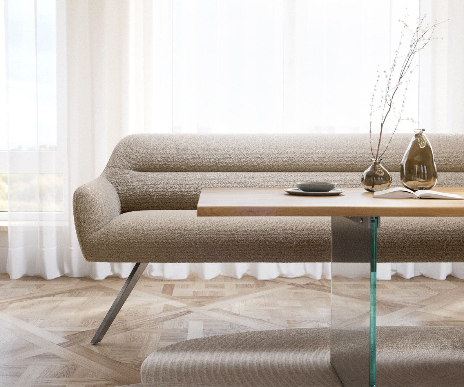 Banc-de-salle-à-manger Taya-Flex 200 cm bouclé boue pied croisé angulaire acier inoxydable ressort ensaché 2