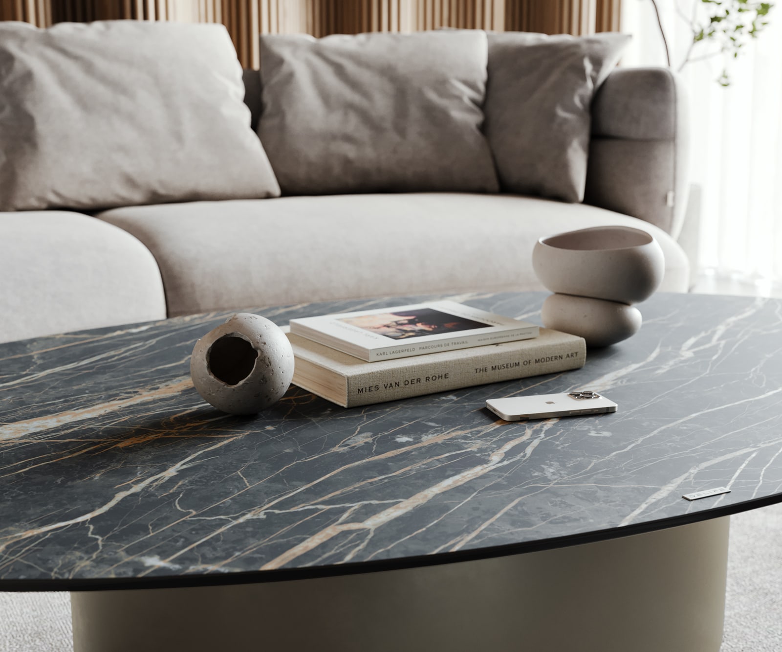 Table-basse Casilda 150x90 cm Céramique Laminam®Noir Desir Marron Pied central Finition à effet titane 7