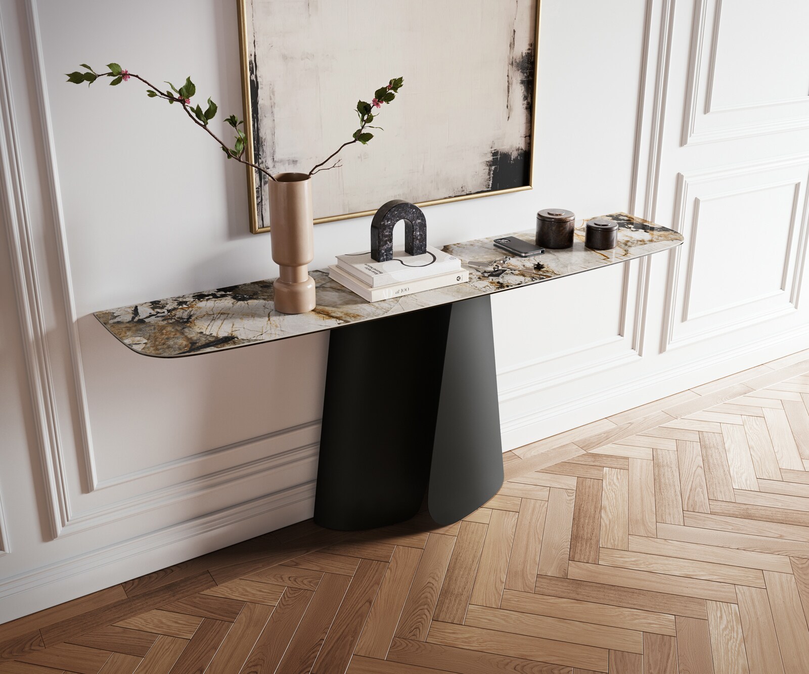 Console Edge forme bateau 180x40 cm Céramique Patagonia Poliert Livos Métal Noir 1