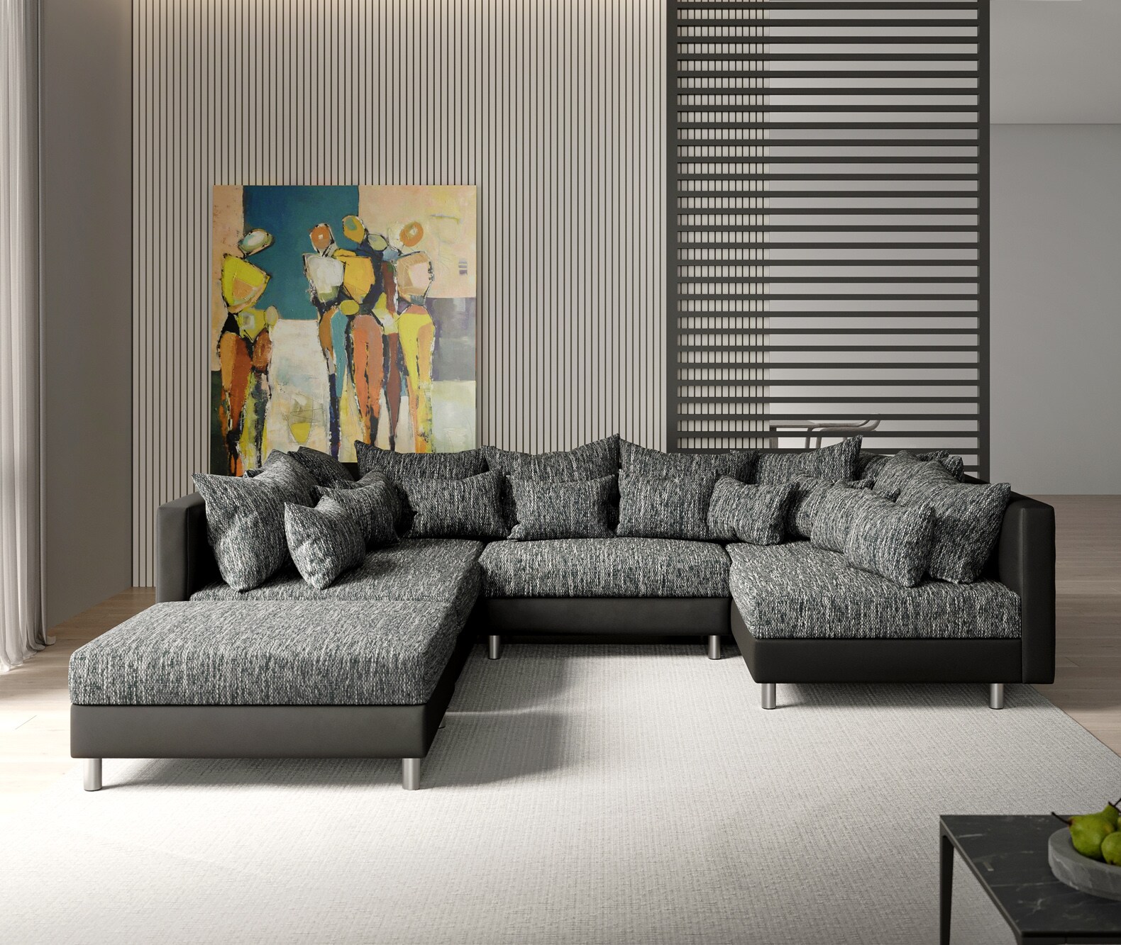 Canapé-panoramique Clovis Noir modulable avec tabouret  1