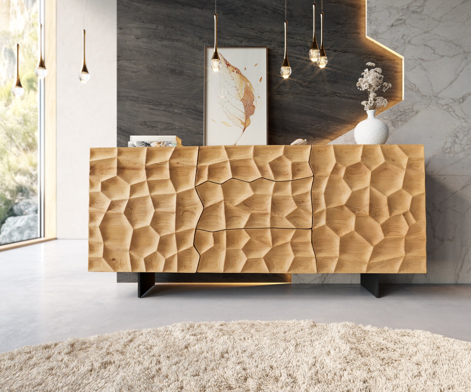 Buffet Solu 175 cm chêne naturel 2 portes 3 tiroirs pieds profilés métal noir face avant 3D 1