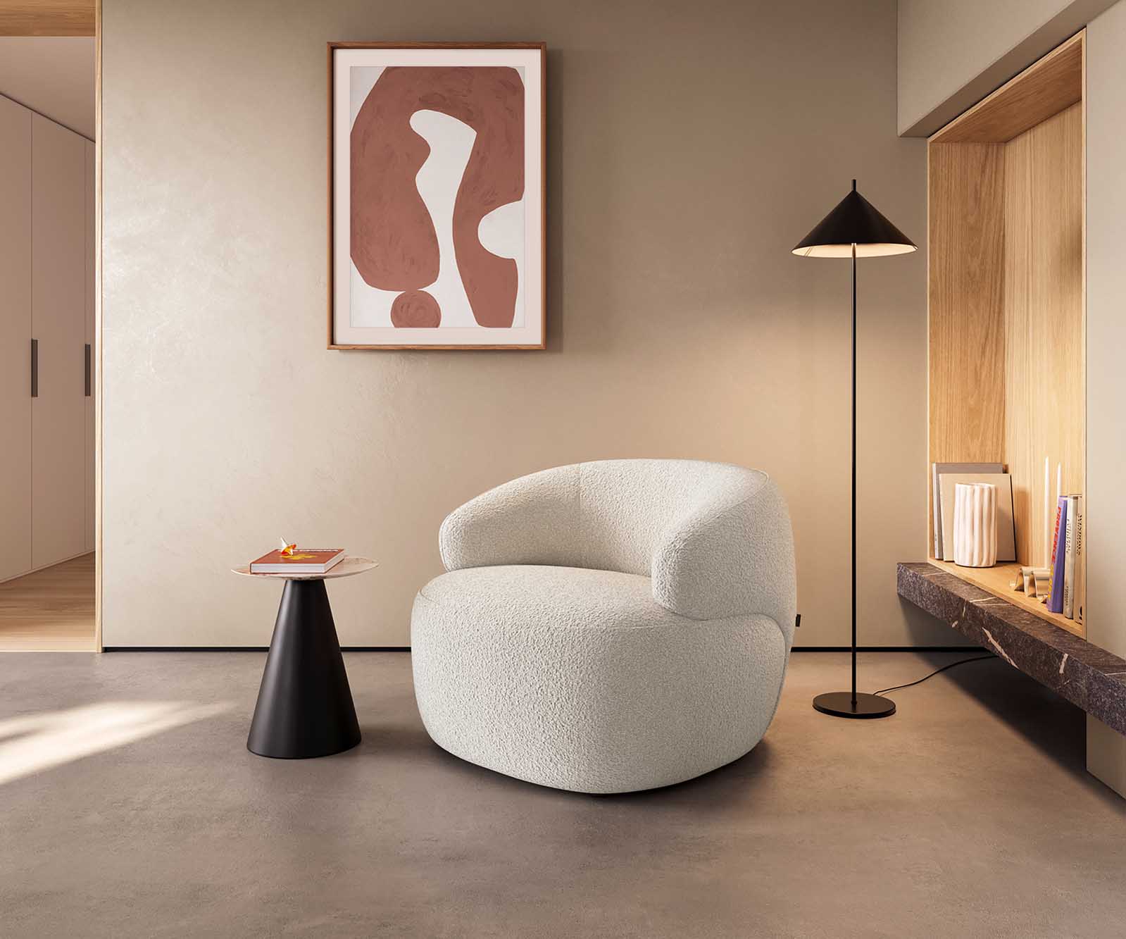 Fauteuil lounge Nova 88x88 cm Bouclé Crème-Blanc 1