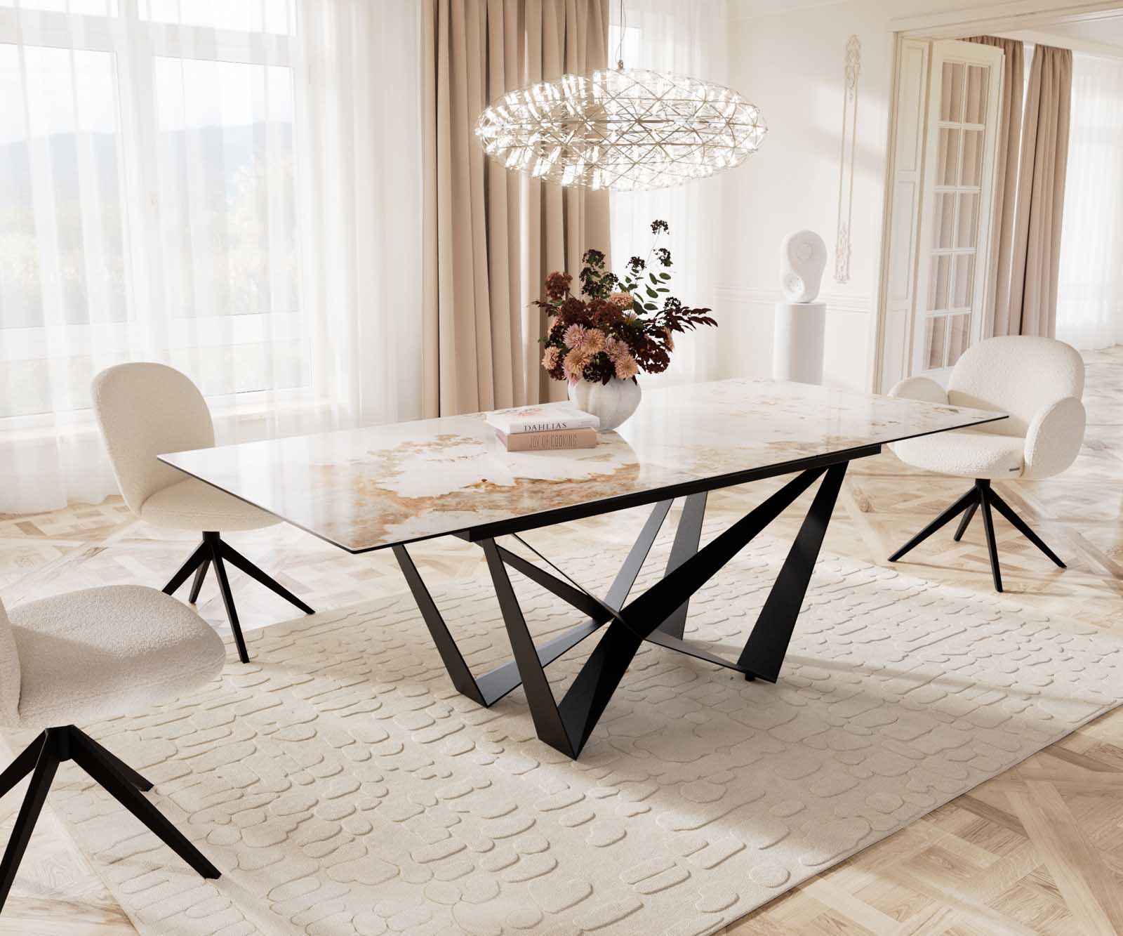 Table à manger Edge 180-220x100 céramique Minas mélange blanc-beige Spider acier plat noir extensible Table à manger Edge 180-220x100 céramique Minas mélange blanc-beige Spider acier plat noir extensible