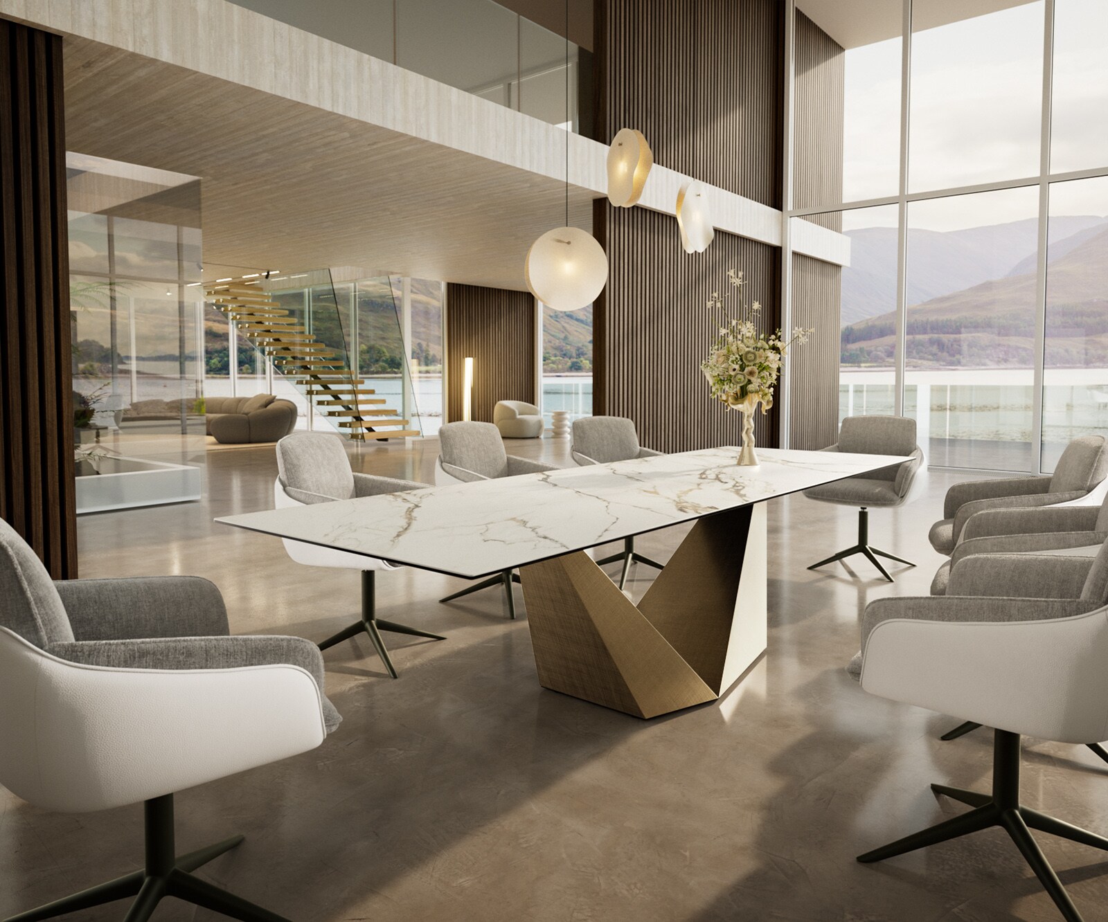Table à manger Edge 300x100 céramique Calacatta Luxe blanc-doré-gris Prisma métallique doré 6