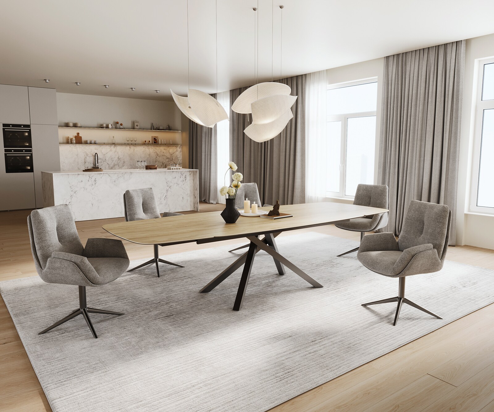 Table à manger Edge Boot 200-300x120 cm Céramique Laminam® Sabbia Eichefarbig piètement en croix Rectangle Acier inoxydable Graphite extensible 7