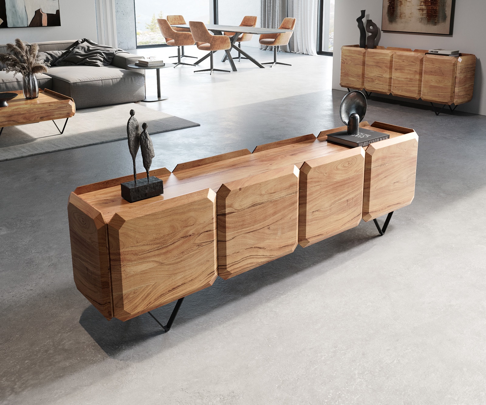 Meuble-bas Kiano 200 cm Acacia Nature 4 Portes Pied en V Noir Séparateur de pièce Meuble-bas Kiano 200 cm Acacia Nature 4 Portes Pied en V Noir Séparateur de pièce