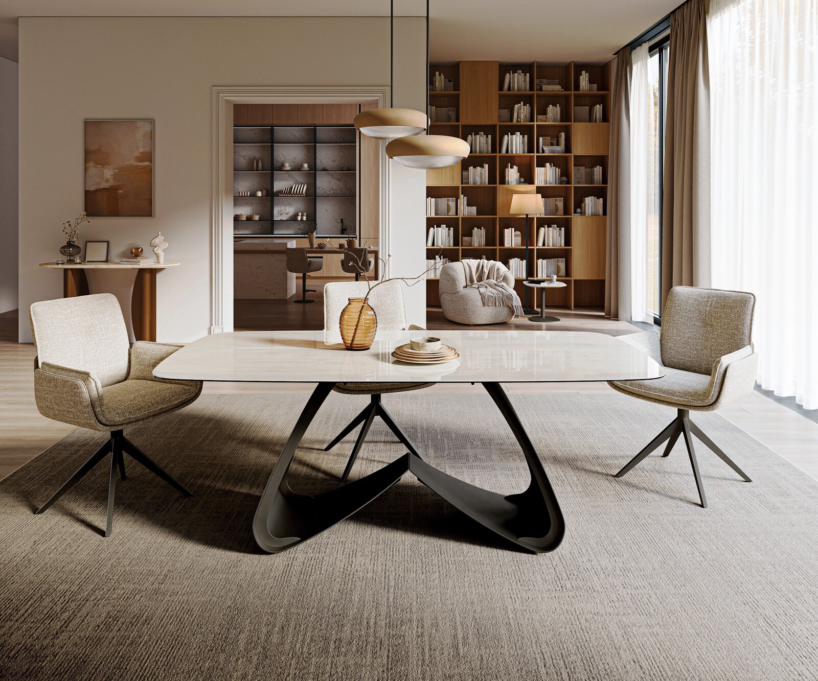 Table à manger Edge bateau 200x100 cm céramique Onyx Champagne piètement en W métal noir 2