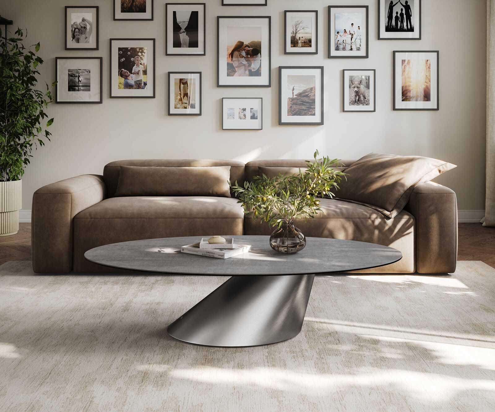 Table basse Edge ovale 140x80 cm céramique béton gris Conis acier inoxydable brossé 1