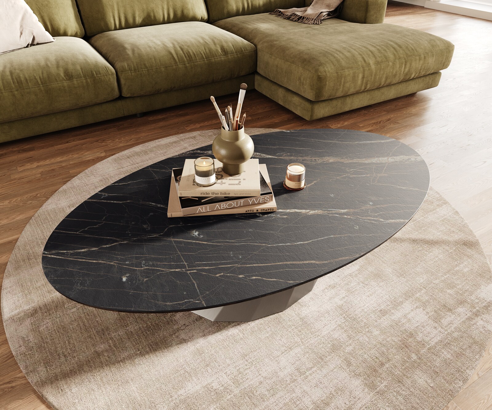 Table basse Edge Oval 140x80 cm céramique Laminam® Noir Desir brun Parabi acier inoxydable brossé 4