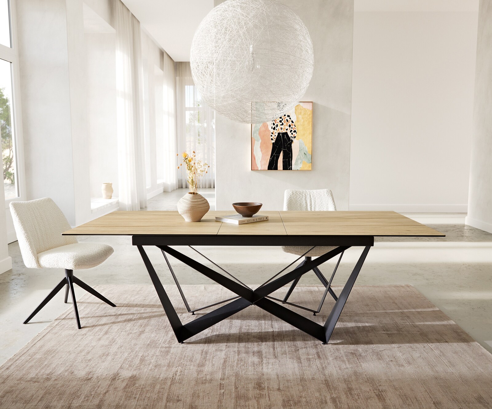 Table à manger Edge 180-220x100 céramique Laminam® Sabbia couleur chêne Spider acier plat noir extensible 1