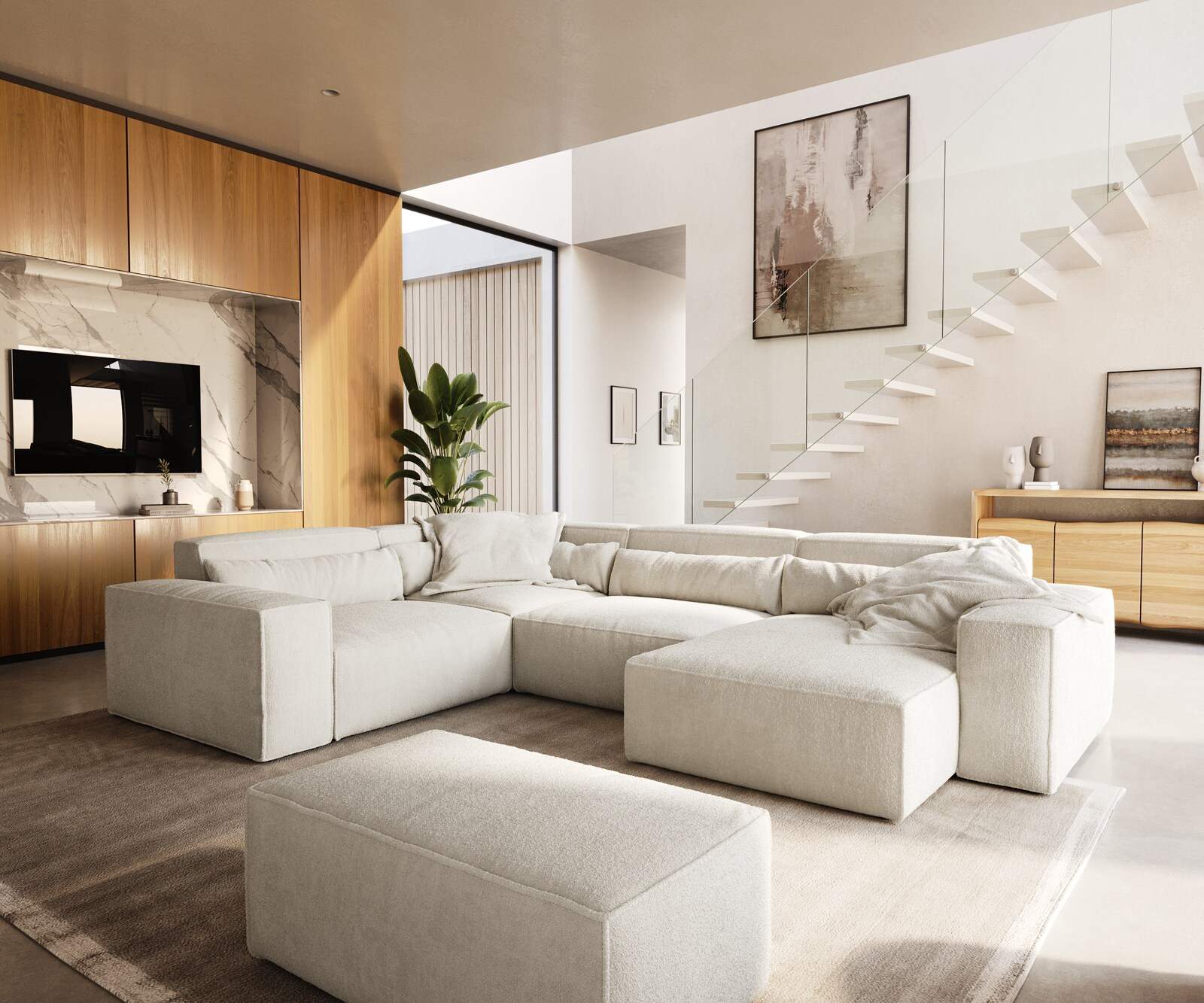 Canapé panoramique Sirpio 300x210 cm Bouclee Crème-blanc Recamiere variable avec Tabouret 5