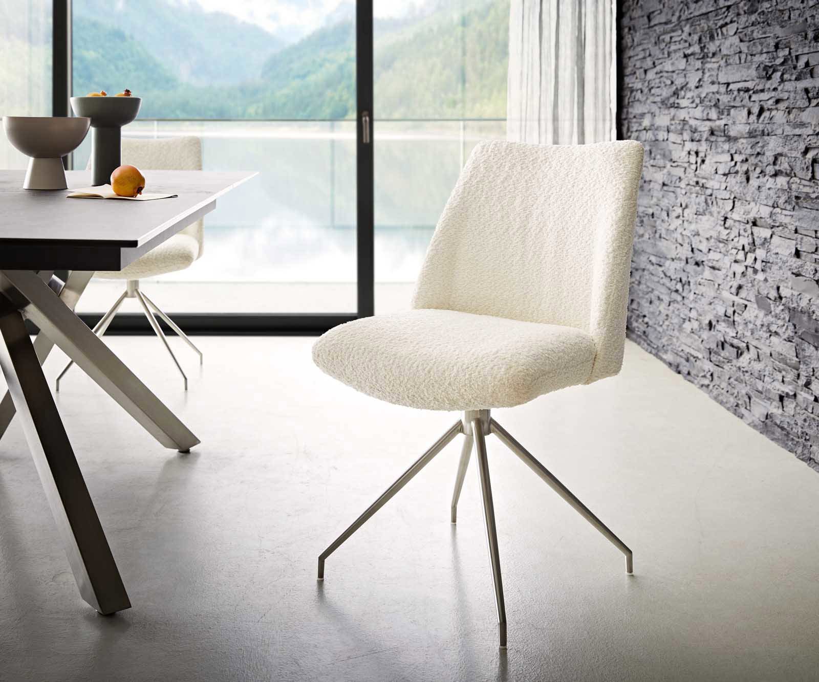 Chaise-pivotante Elso-Flex bouclé blanc pied croisé conique acier inoxydable brossé pivotement sur 180° ressorts ensachés