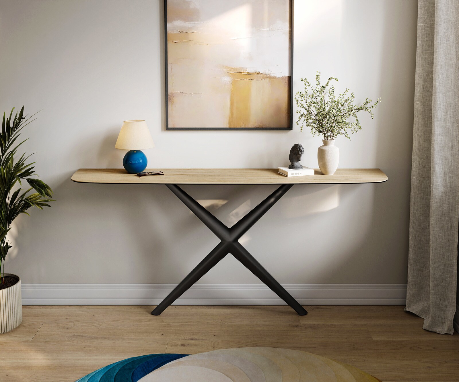 Console Edge forme bateau 180x40 cm Céramique Laminam® Sabbia Eichefarbig Estelo Métal Noir 1