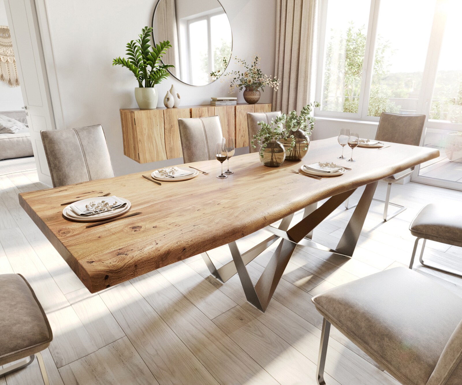 Table à manger Edge 280x100 XL acacia nature Spider acier plat acier inoxydable Live-Edge 1
