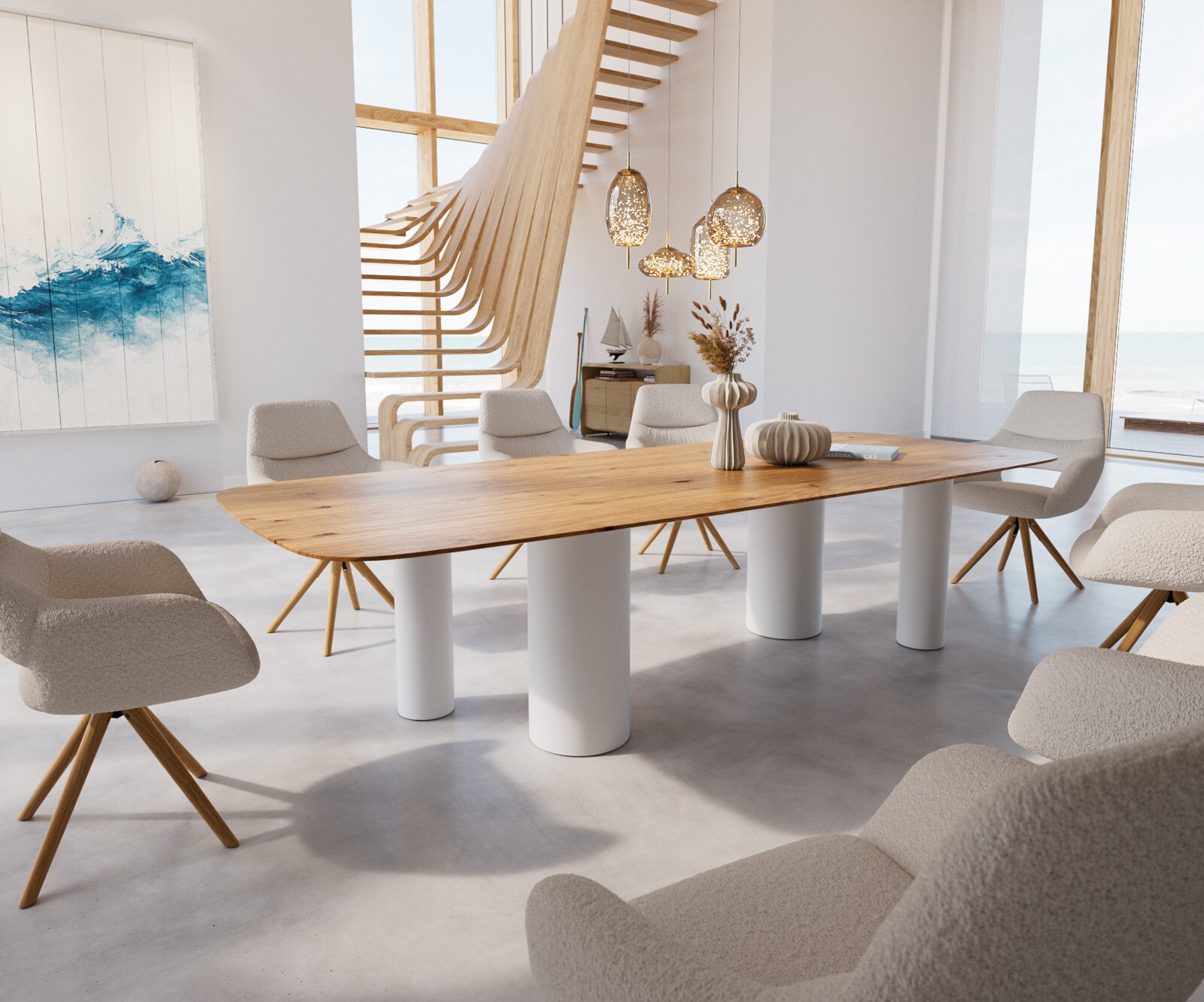Table à manger Edge Boot 300x120x2,5-3 Chêne Nature Pilier Métal Blanc Bord suisse