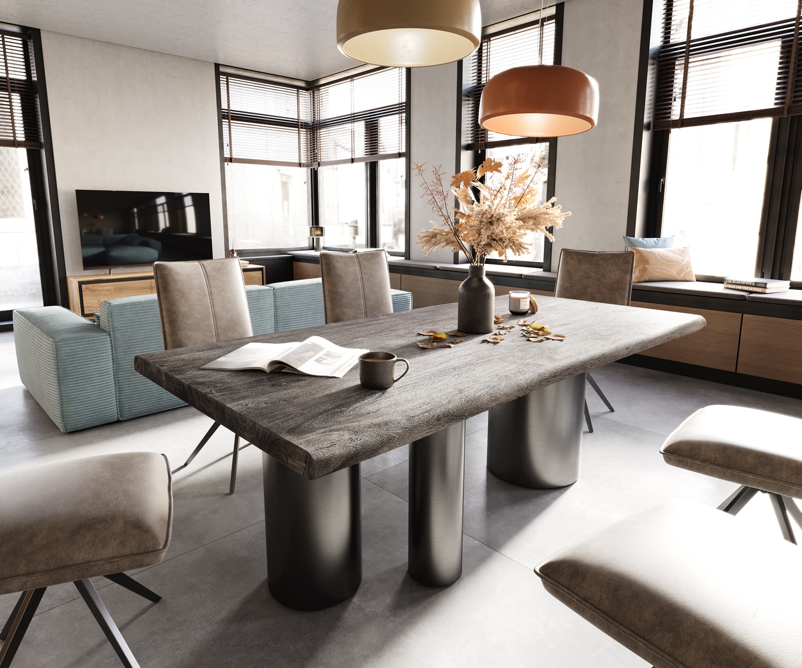 Table à manger Edge 200x100 XL Acacia Platine Troa Acier inoxydable Graphite Live-Edge