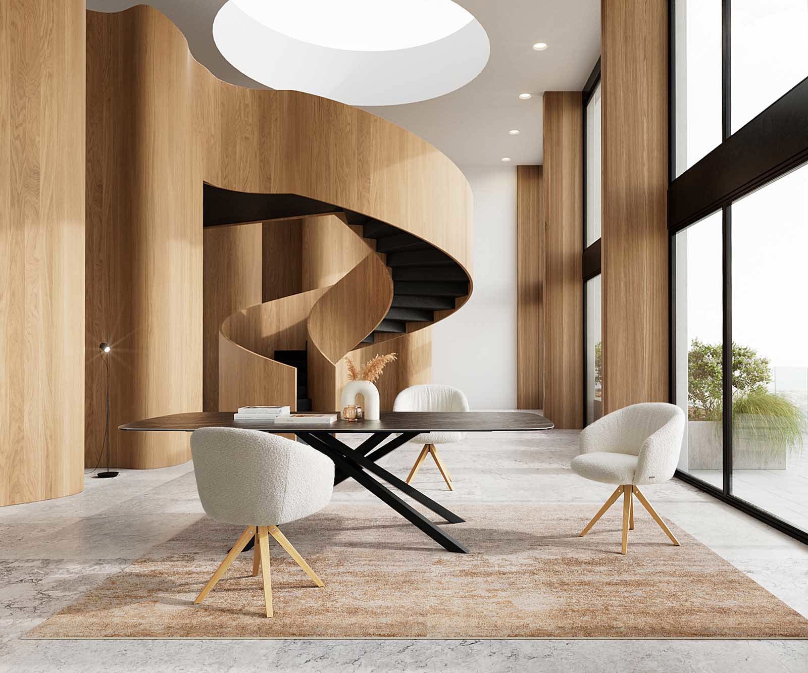 Chaise-pivotante Caja-Flex avec accoudoirs bouclé blanc pied en bois angulaire naturel pivotement sur 180° ressorts ensachés 5 Chaise-pivotante Caja-Flex avec accoudoirs bouclé blanc pied en bois angulaire naturel pivotement sur 180° ressorts ensachés 5