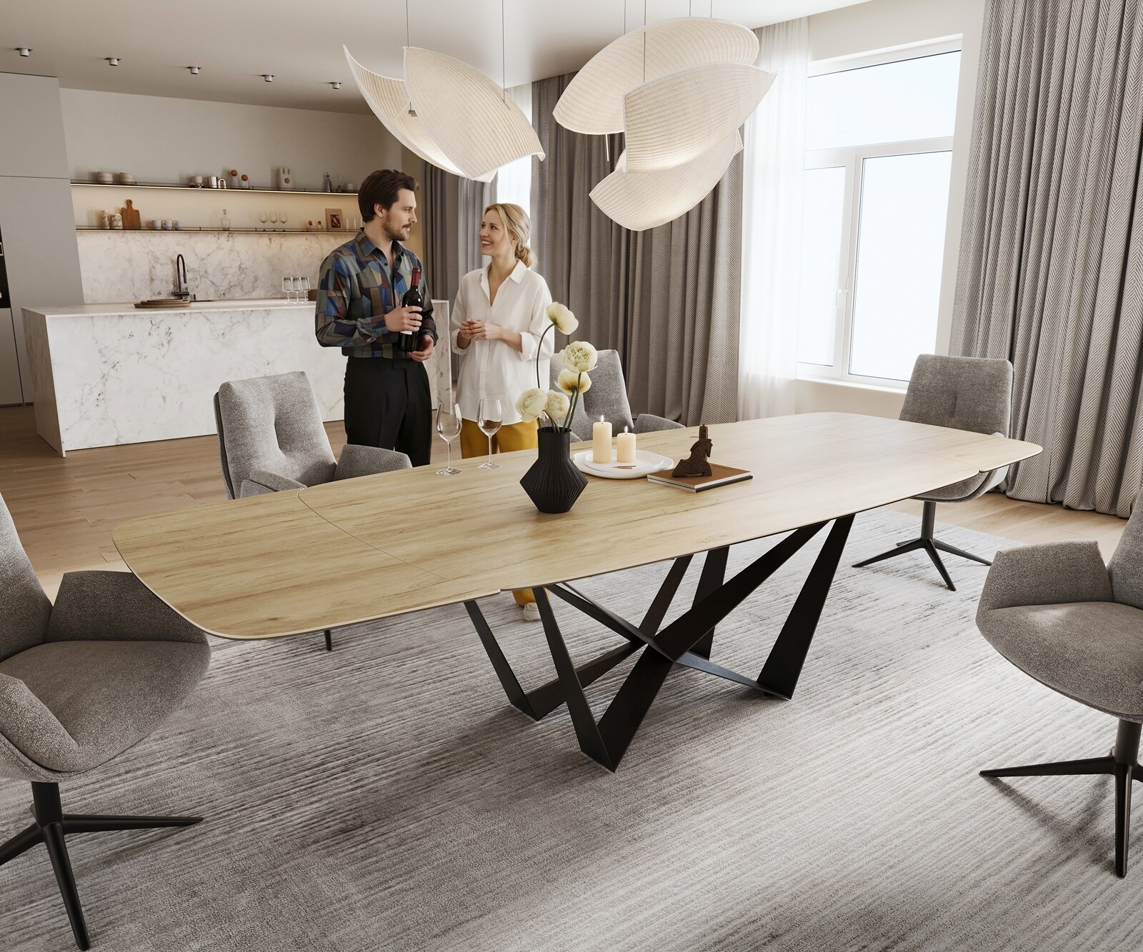 Table à manger Edge Boot 200-300x120 cm Céramique Laminam® Sabbia Eichefarbig Spider Flachstahl Noir extensible 1