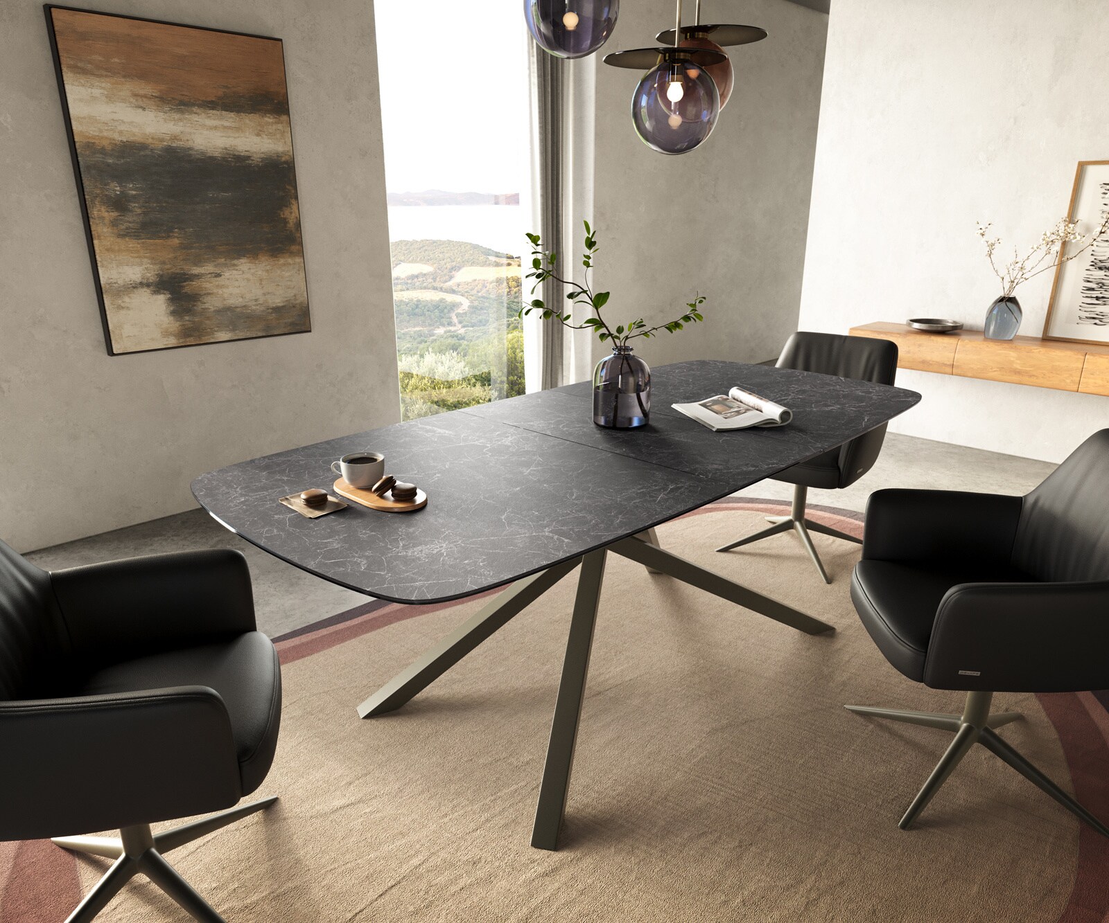 Table à manger Edge Boot 180-220x100 cm Céramique Laminam® Nero Greco Anthracite piètement en croix Rectangle Finition effet Titan extensible 1