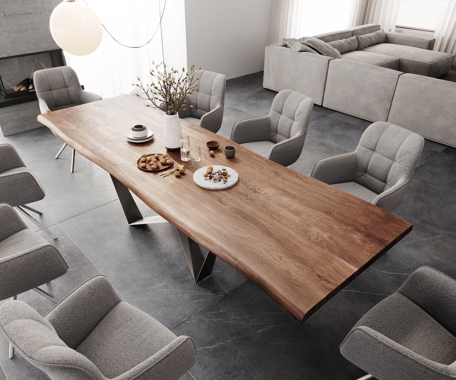 Table à manger Edge 300x100 XL acacia marron Spider acier plat acier inoxydable Live-Edge 4