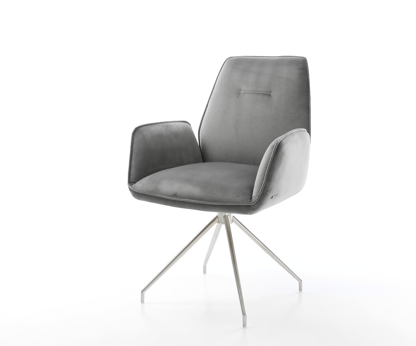 Chaise-de-salle-à-manger Zoa-Flex velours gris pied croisé conique acier inoxydable brossé ressorts ensachés Chaise-de-salle-à-manger Zoa-Flex velours gris pied croisé conique acier inoxydable brossé ressorts ensachés