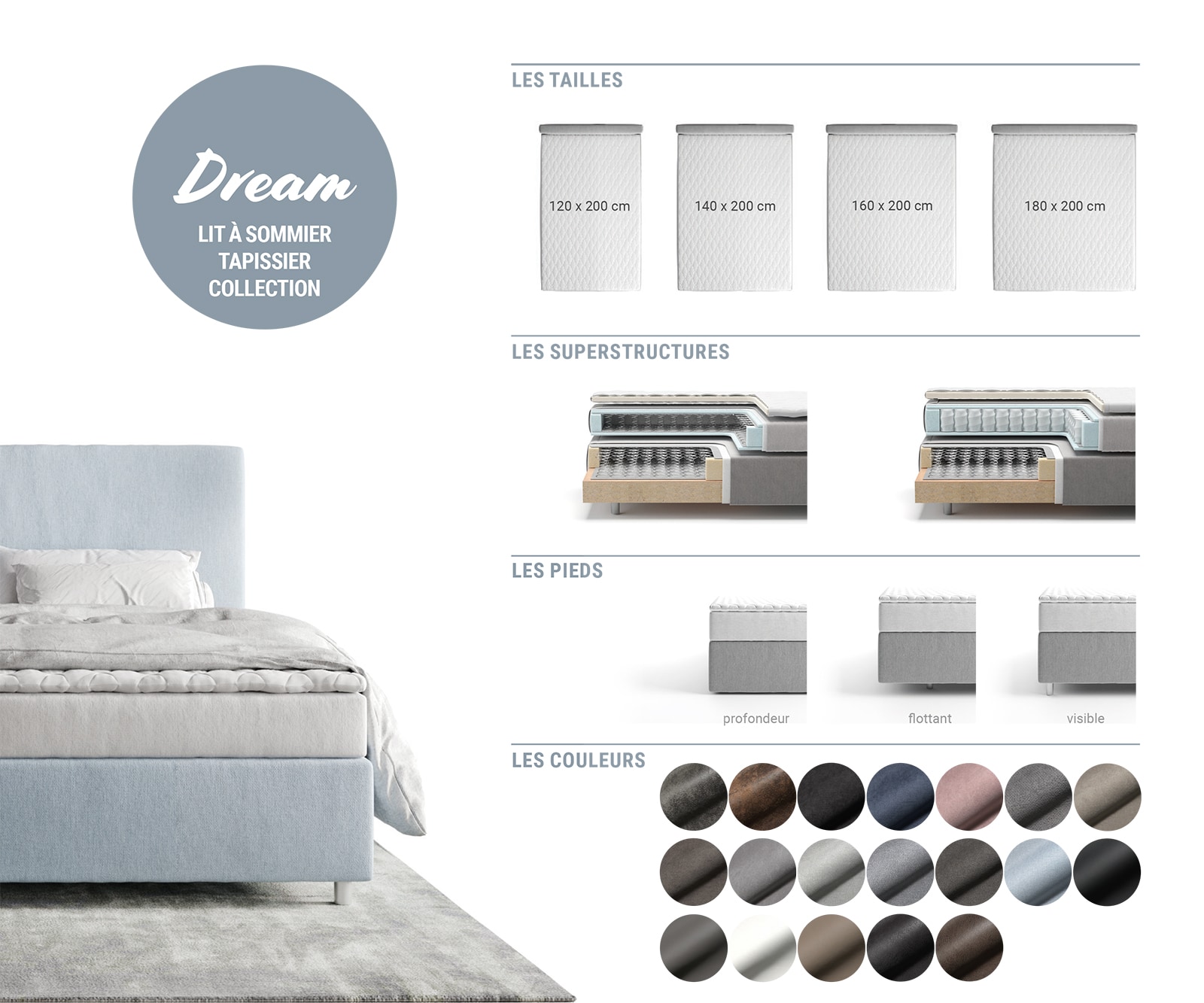 Lit-à-sommier-tapissier Dream-Well Velours côtelé en peluche Beige 160x200 cm Matelas Bonell Surmatelas PU 9