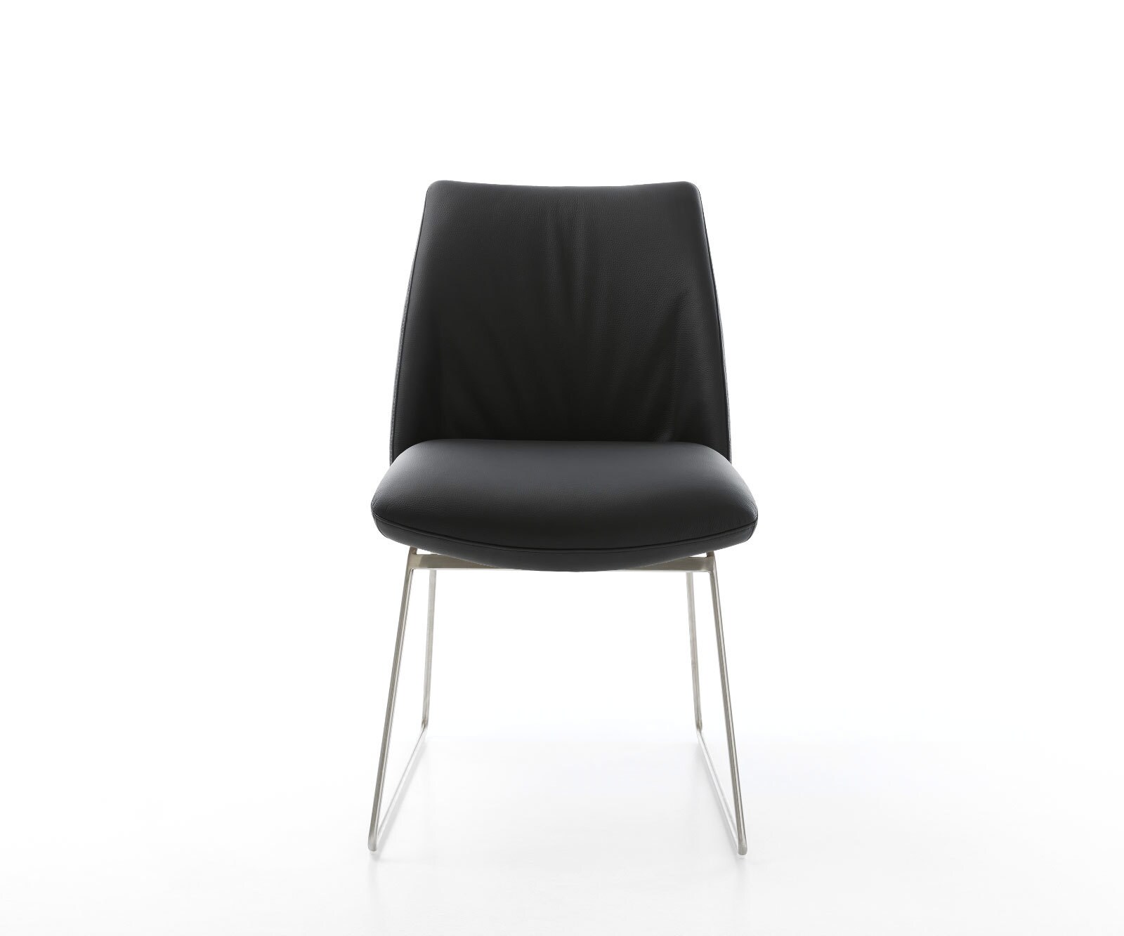 Chaise-de-salle-à-manger Elso-Flex cuir de vache noir pied trapèze acier inoxydable brossé ressorts ensachés 2
