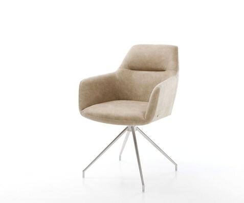 Chaise-de-salle-à-manger Pejo-Flex microvelours beige vintage pied croisé conique acier inoxydable brossé ressorts ensachés