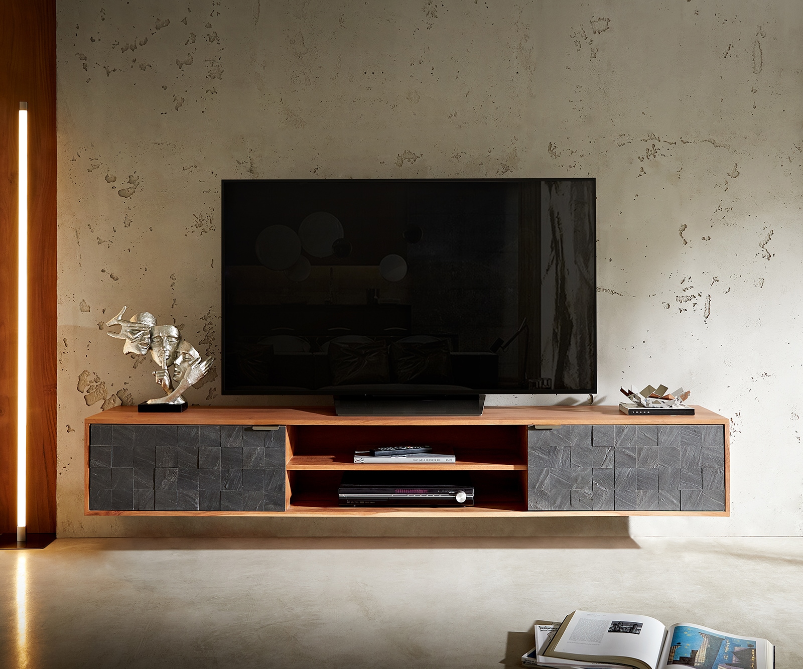 Meuble-TV Teele 200 cm acacia naturel ardoise 2 portes flottantes 1 Meuble-TV Teele 200 cm acacia naturel ardoise 2 portes flottantes 1