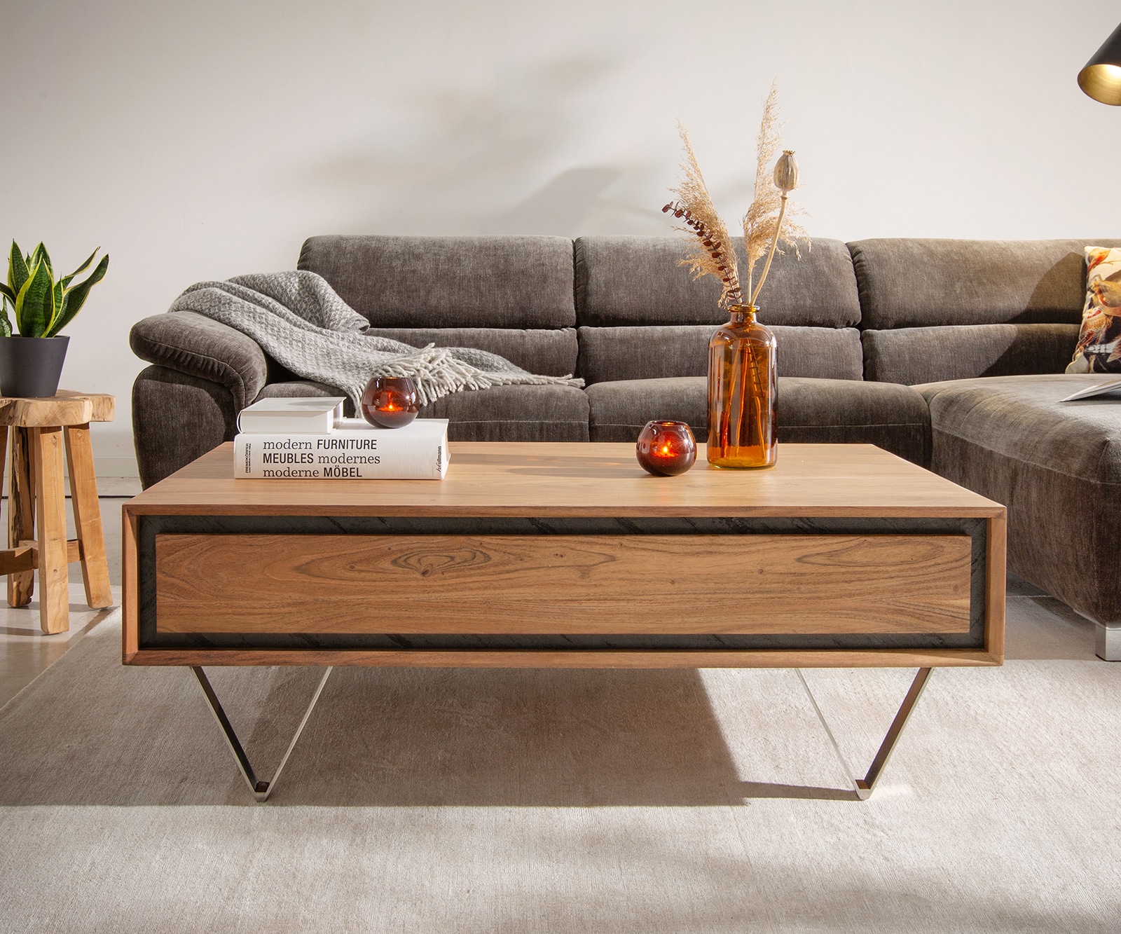 Table basse Stonegrace 115x60 acacia nature 2 tiroirs placage en pierre pieds en V 1 Table basse Stonegrace 115x60 acacia nature 2 tiroirs placage en pierre pieds en V 1