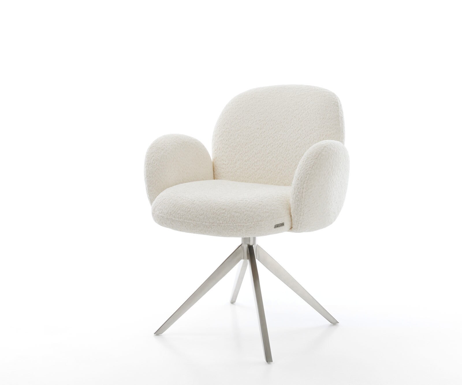 Chaise-pivotante Nube-Flex bouclé blanc pied croisé large acier inoxydable brossé pivotement sur 360° fonction bascule ressorts ensachés