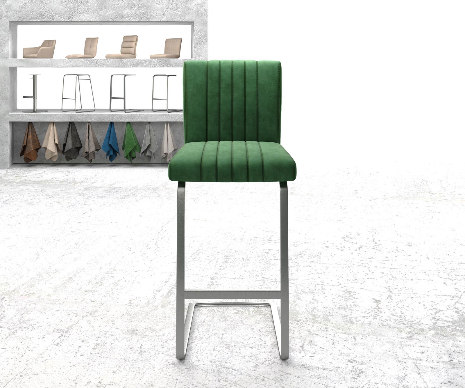 Chaise-de-bar Luiga-Flex velours vert chaise cantilever acier plat inoxydable 1