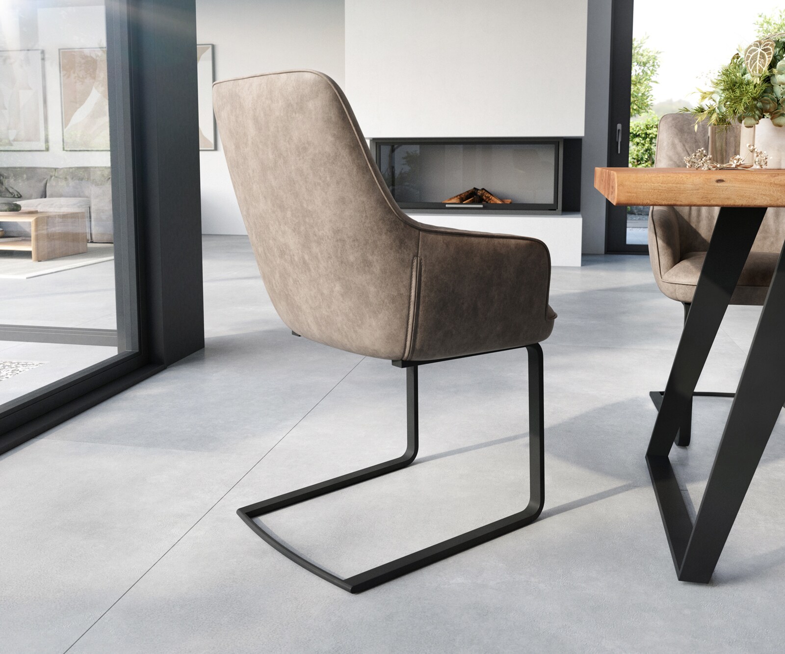 Cantilever Zelia-Flex avec accoudoirs microvelours taupe vintage pied cantilever plat noir ressorts ensachés 4 Cantilever Zelia-Flex avec accoudoirs microvelours taupe vintage pied cantilever plat noir ressorts ensachés 4