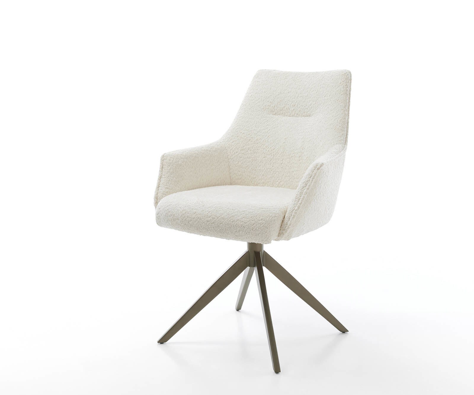 Chaise-pivotante Alja-Flex avec accoudoirs bouclé blanc pied croisé large aspect titane pivotement sur 360° ressorts ensachés