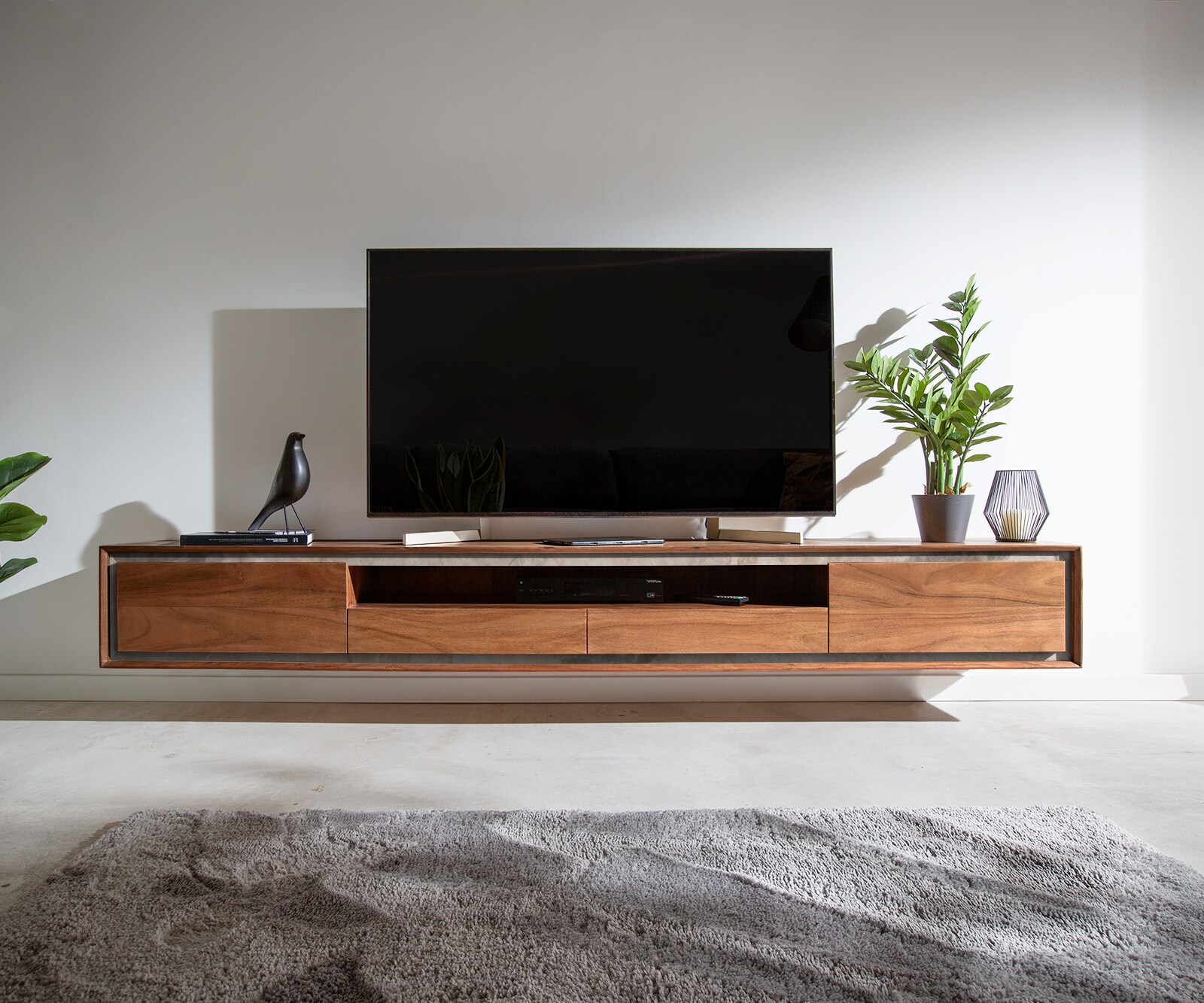 Meuble-TV Stonegrace 240 cm acacia marron 2 portes 2 tiroirs 1 compartiment Placage pierre Flottant 2