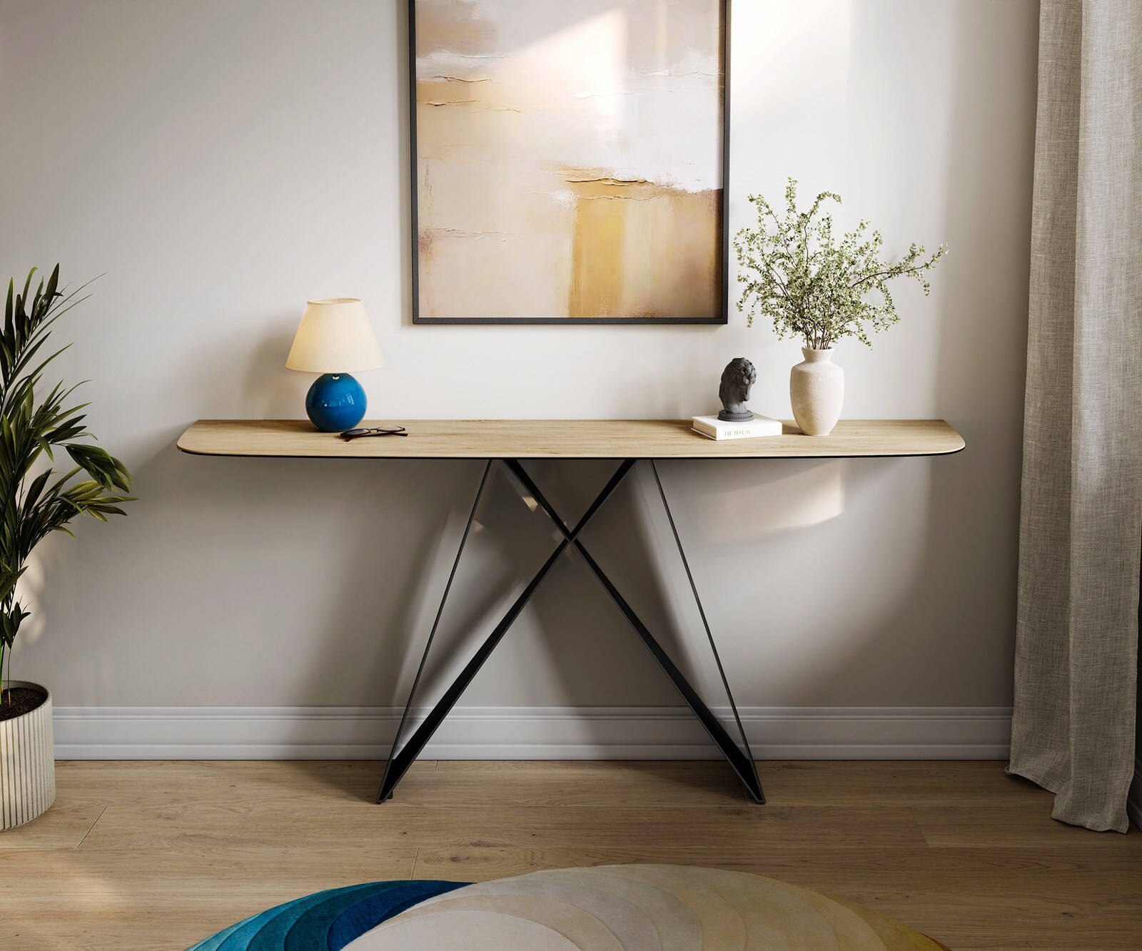 Console Edge forme bateau 180x40 cm Céramique Laminam® Sabbia Eichefarbig Velio Métal Noir 1