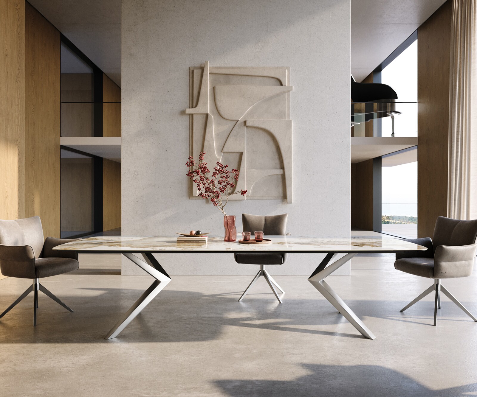 Table à manger Edge Boot 300x120 cm Céramique Minas Melange Blanc-Beige Zenthara anguleux Acier inoxydable 2