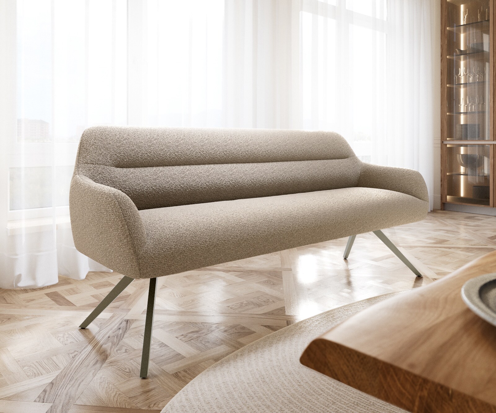 Banc-de-salle-à-manger Taya-Flex 200 cm bouclé boue pied croisé angulaire titane ressort ensaché 1