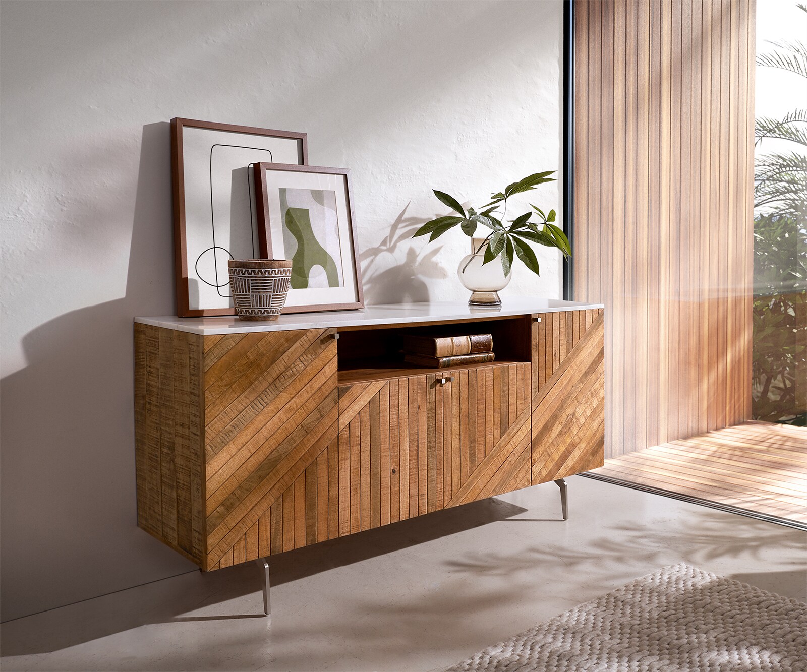 Buffet Bahan 145 cm Mangue Teak 4 portes 1 compartiment Plateau marbre blanc pied d'angle en acier inoxydable