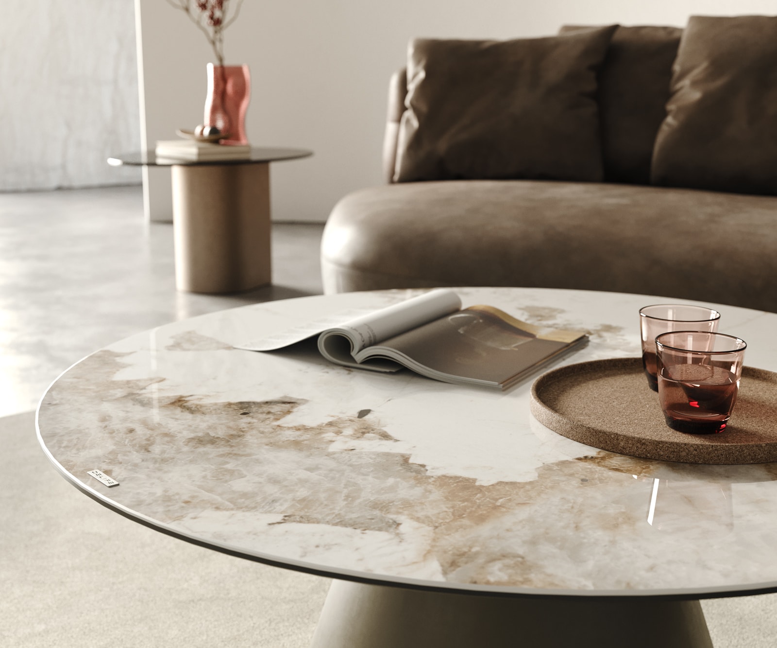 Table-basse Borna 100x100 cm Céramique Minas Melange Blanc-Beige Piétement Conique Finition Effet Titane 7