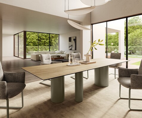 Table à manger Edge 300x100 Céramique Laminam® Sabbia Couleur chêne Troa Métal finition à effet Titane