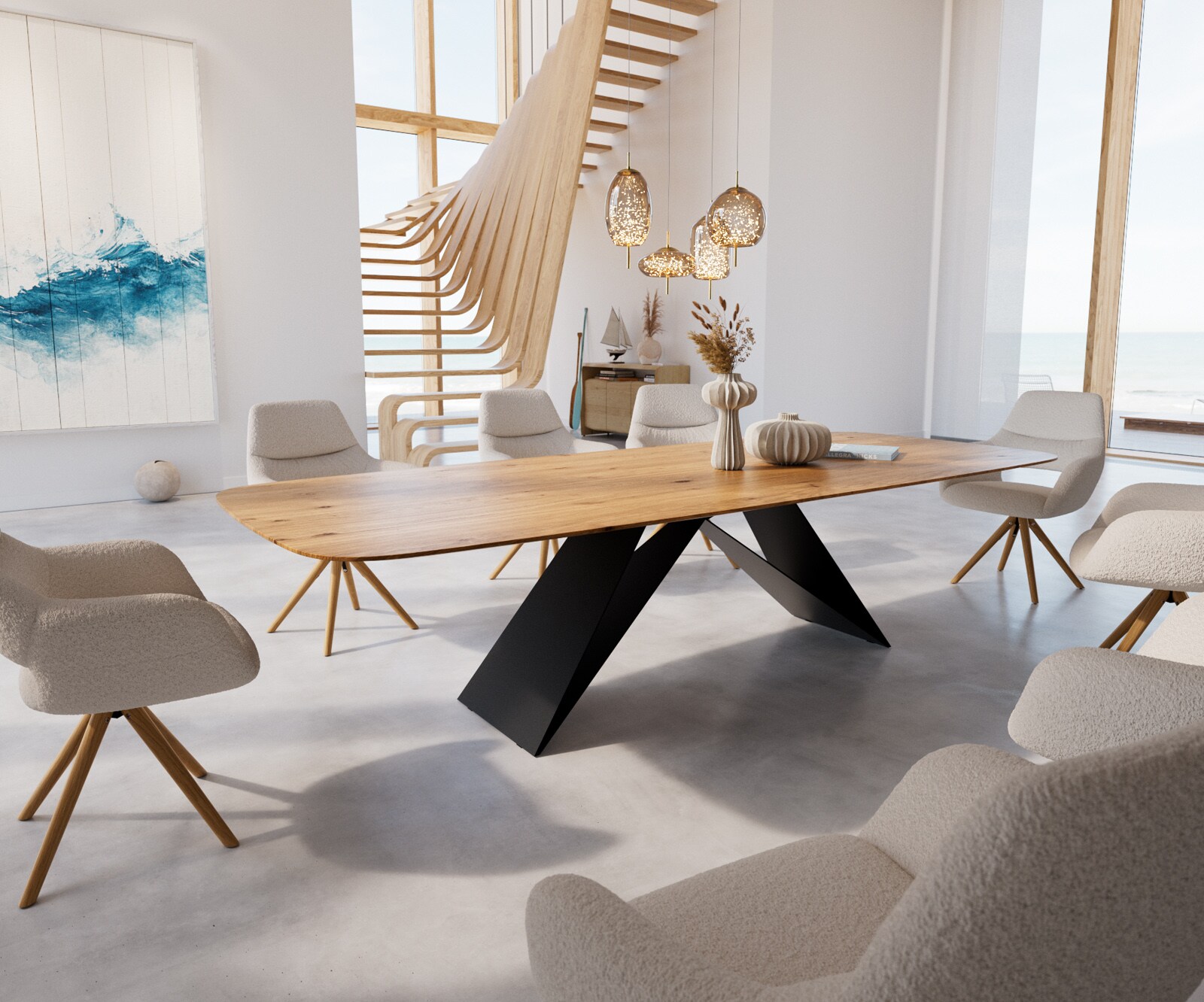 Table à manger Edge Boot 300x120x3-3,2 chêne nature cadre en V acier plat noir bord suisse 1