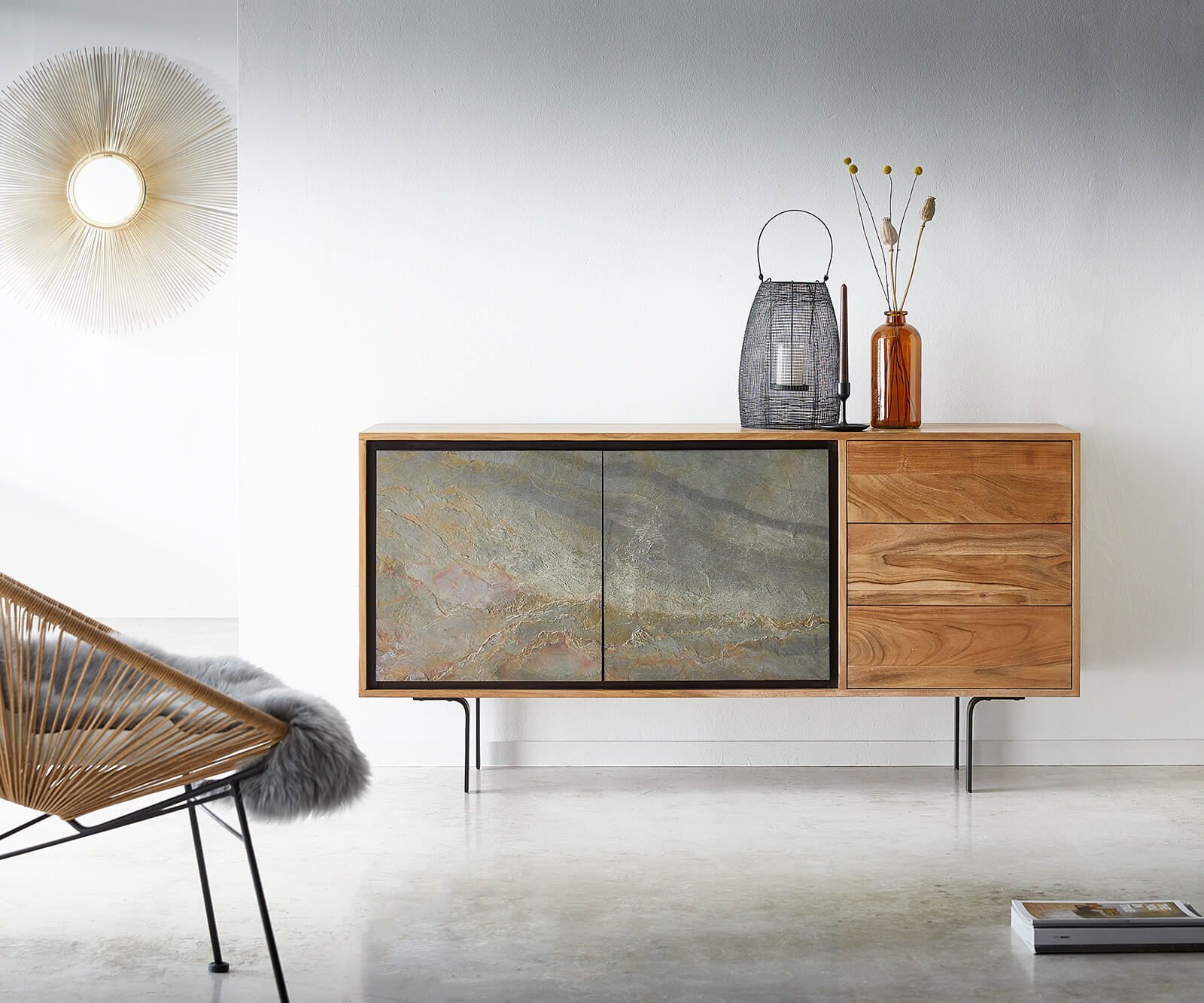 Buffet Juwelo 150 cm acacia nature avec placage de pierre  Buffet Juwelo 150 cm acacia nature avec placage de pierre