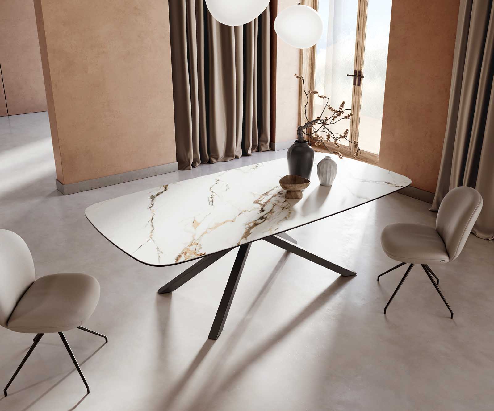 Table à manger Edge en forme de bateau 240x120 céramique Calacatta Luxe blanc-doré-gris cadre croisé rectangulaire noir 3 Table à manger Edge en forme de bateau 240x120 céramique Calacatta Luxe blanc-doré-gris cadre croisé rectangulaire noir 3