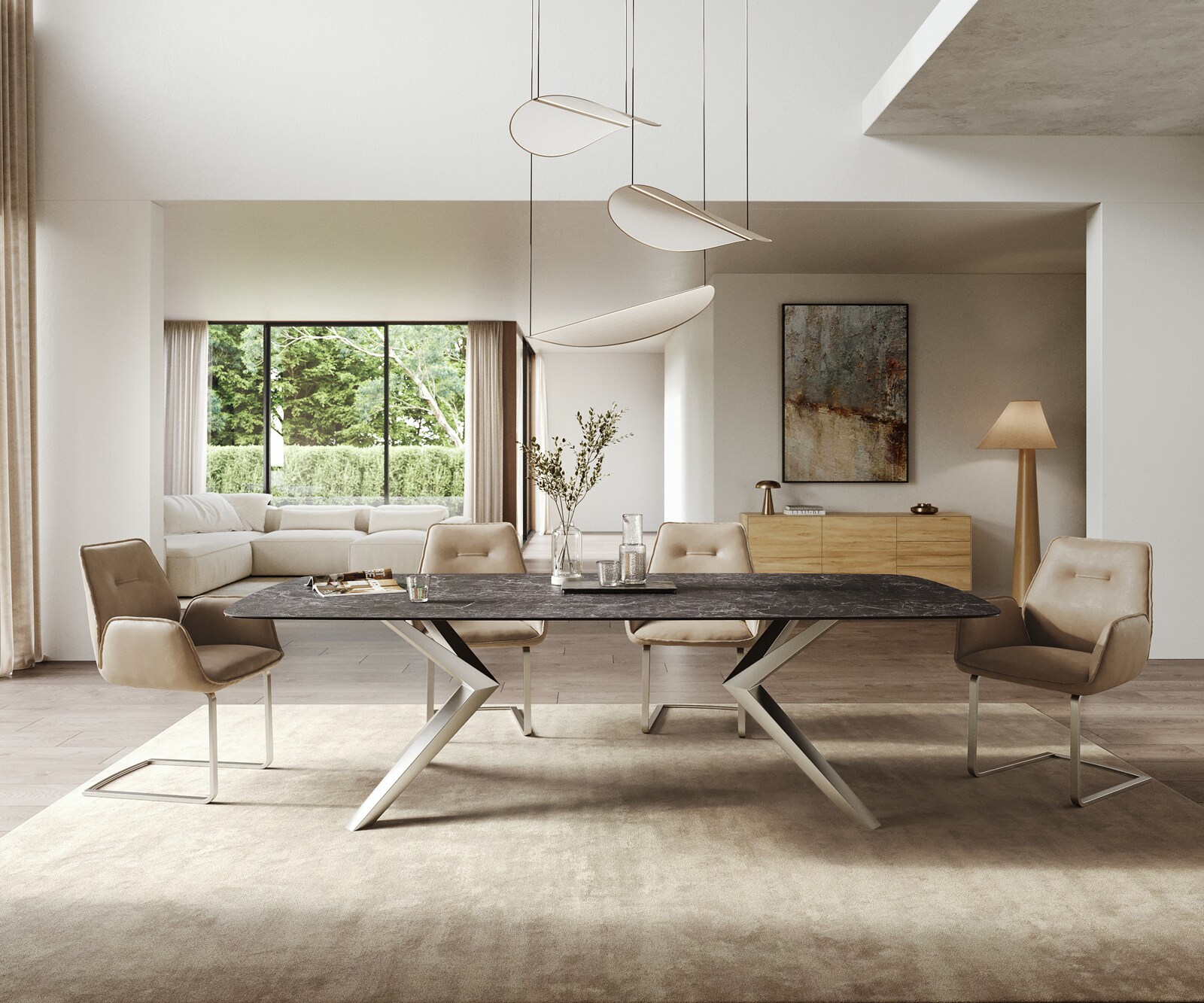 Table à manger Edge Boot 260x120 cm Céramique Laminam® Nero Greco Anthracite Zenthara anguleux Acier inoxydable 1