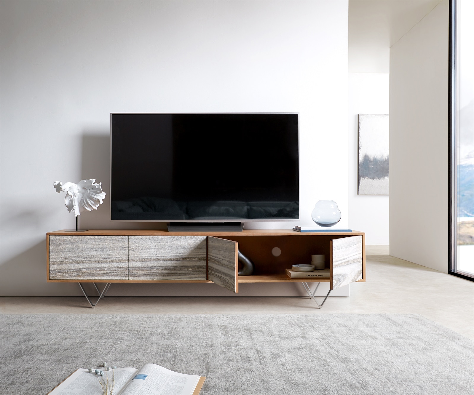 Meuble TV Kleo 200 cm acacia naturel 4 portes pieds en V inox 4