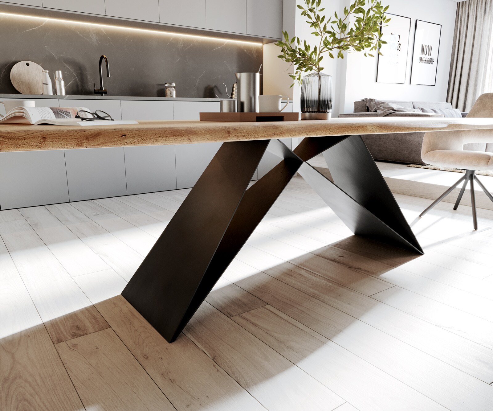 Table à manger Edge 260x100 Acacia Naturel cadre V Acier plat Noir Live-Edge 6