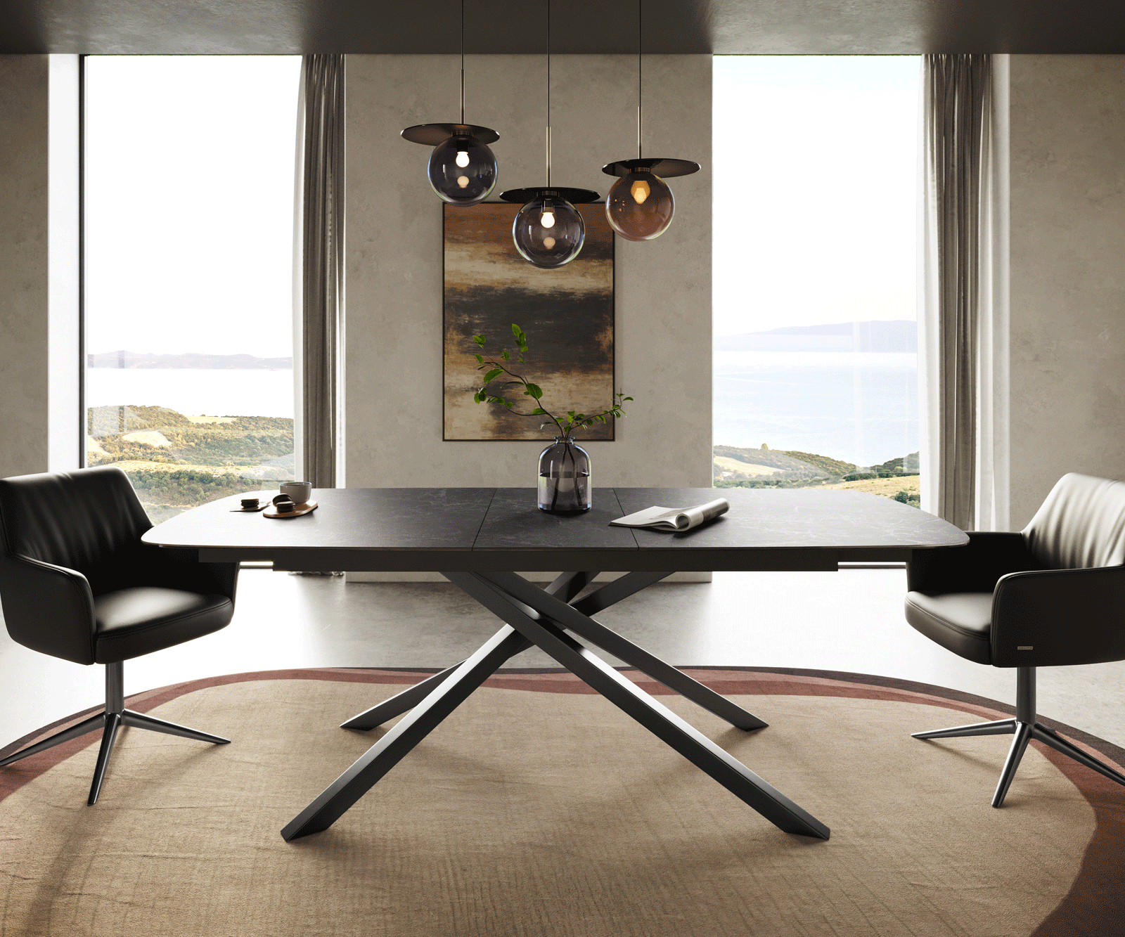 Table à manger Edge Boot 180-220x100 cm Céramique Laminam® Nero Greco Anthracite piètement en croix Rectangle Acier inoxydable Graphite extensible 2