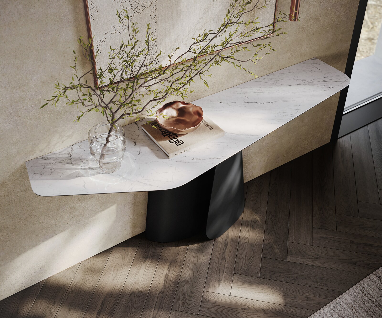 Console Edge Polygonal 180x50 cm Céramique Laminam® Statuarietto Weiß Livos Métal Noir 1